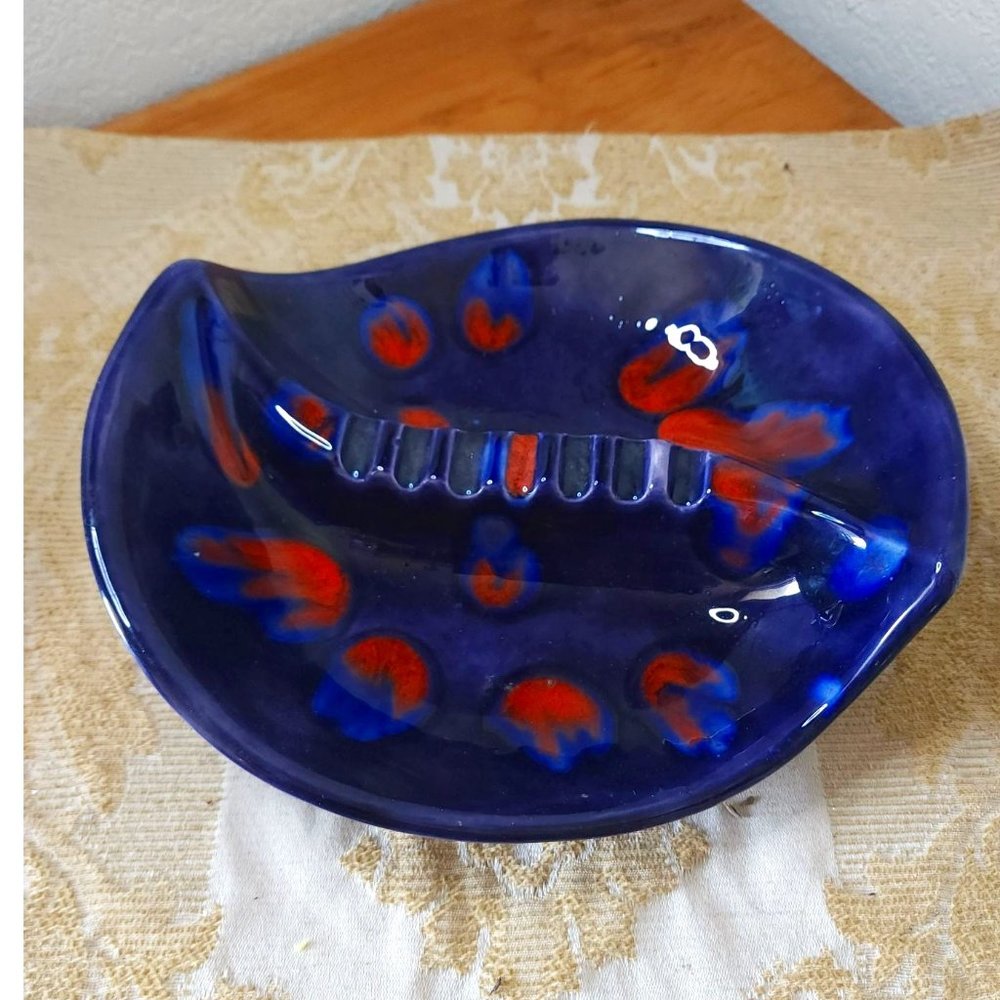 Vintage Brutalist Purple and Orange Lava Ceramic Ashtray Mid Century Modern